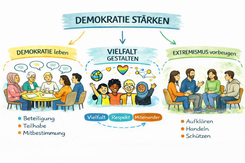 Das Bild zeigt drei Beispiele, die das Motto des Landesdemokratiezentrums widerspiegeln: "Demokratie leben", "Vielfalt gestalten" und "Extremismus vorbeugen".