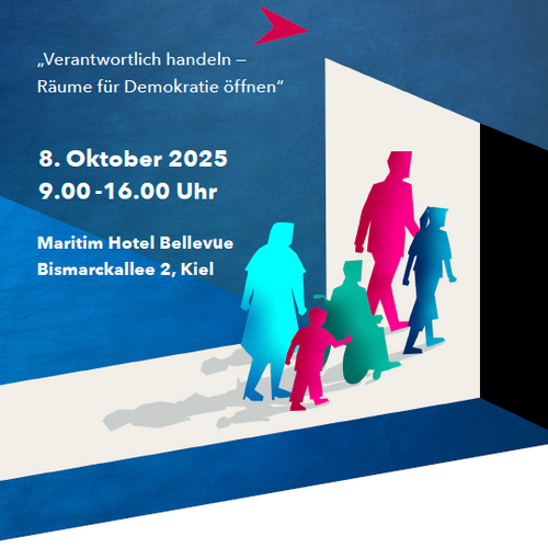Werbeplakat für die Landesdemokratiekonferenz 2025 zeigt unterschiedliche Menschen auf dem Weg zur Veranstaltung