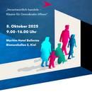 Werbeplakat für die Landesdemokratiekonferenz 2025 zeigt unterschiedliche Menschen auf dem Weg zur Veranstaltung