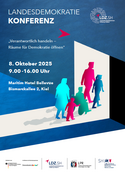 Werbeplakat für die Landesdemokratiekonferenz 2025 zeigt unterschiedliche Menschen auf dem Weg zur Veranstaltung